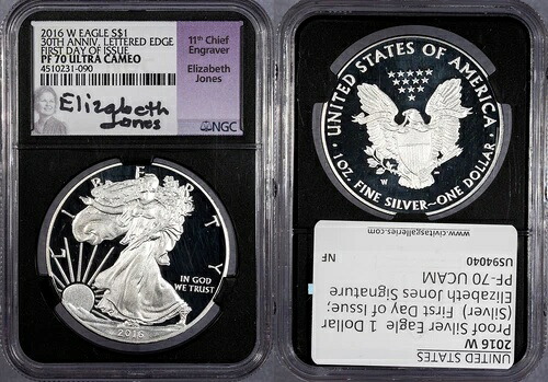2016-W プルーフ シルバーイーグル 発行初日; エリザベス・ジョーンズ署名 NGC PF70
