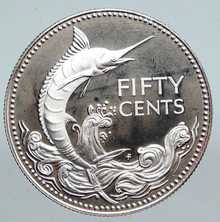 1975年 バハマ 英国 エリザベス2世 マーリン プルーフ銀貨 50セント コイン i89972
