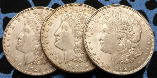 モルガン・ダラー銀貨3枚、1921年PDSモルガン銀貨、P D & Sミント1ドル硬貨