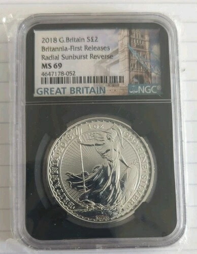 2018年 1オンス シルバー ブリタニア コイン - 初登場 ラジアルサンバースト リバース NGC MS69