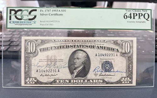 1953A 10ドル銀貨証明書 PCGS 64 PPQ デュアル礼儀サイン (FE)