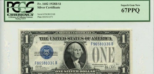 1928B 1ドル銀貨証明書 ブルーシール FR#1602 PCGS Gem 67 PPQ