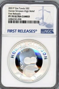 ホーマー・シンプソン 2021年 ツバル 2オンス シルバー プルーフ 高浮き彫りコイン NGC 70 初リリース