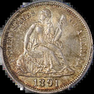 1891-P シーテッド リバティ ダイム PCGS MS65 素晴らしい外観 強いストライクカラー