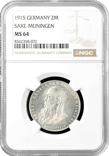 ザクセン＝マイニンゲン 2マルク 1915年、NGC MS64、「ゲオルク2世の死」銀貨