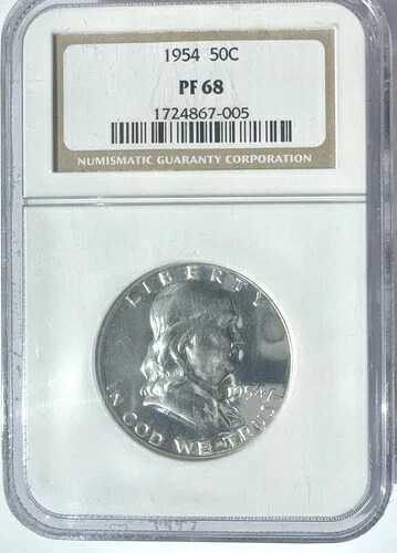 1954年 プルーフ フランクリン ハーフダラー 50セント、NGC PF 68 - ナイス