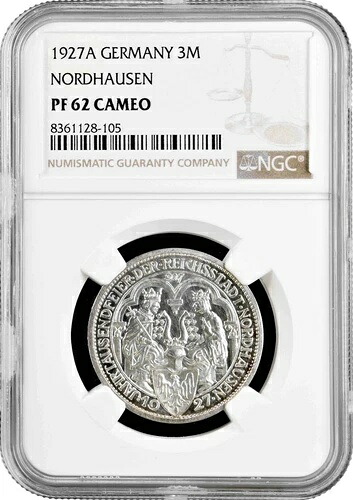 ワイマール共和国 3 ライヒスマルク 1927 A、NGC PF62 CAM、「ノルトハウゼン」銀貨