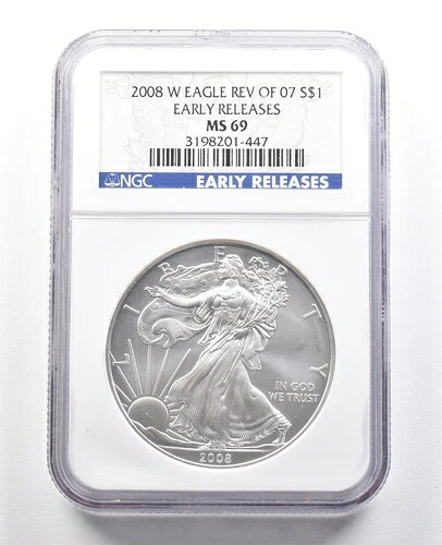 2007年バーニッシュドシルバーイーグル早期リリースMS69 NGC *7500の2008-W裏面