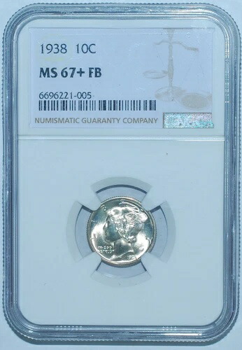 1938年 P NGC MS67+FB フルバンド マーキュリーダイム