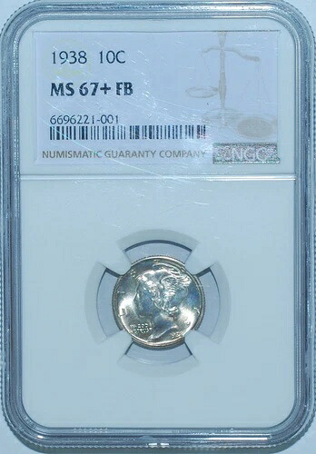 1938年 P NGC MS67+FB フルバンド マーキュリーダイム