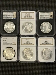 1880年から1885年までのモルガン銀貨6枚セット（異なるグレード）