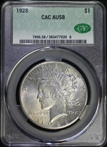 1928年 P $1 ピース銀貨 CACG AU58 ほぼ未使用 キーデートコイン CAC