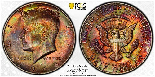 1964 D 50c??PCGS MS-64 ケネディ ハーフ ドル??両面レインボー??トーニング。