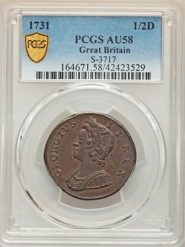 イングランド国王ジョージ2世 1731年 1/2ペンス ハーフペニー銅貨 PCGS認定 AU58