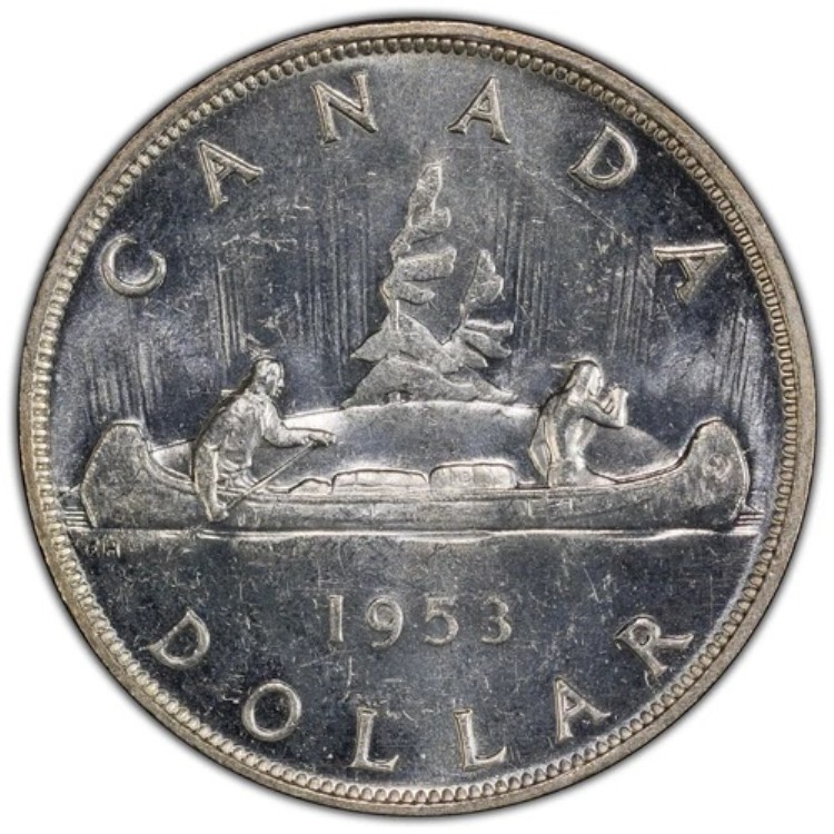 カナダ：1953年 $1 PCGS MS63 ストラップ FWL ? 希少なバリエーション、正規品は合計6枚のみ