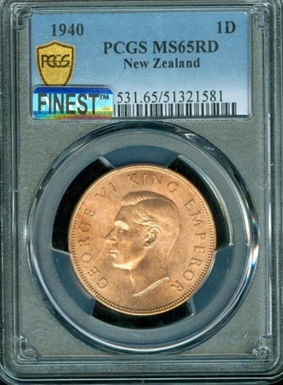 1940 年ニュージーランド 1D ペニー PCGS MS65 RD MAC FINEST レジストリ レア。