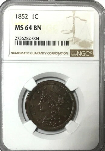1852年 ラージセント ブレイドヘア - NGC MS64 BN - 美しいコイン