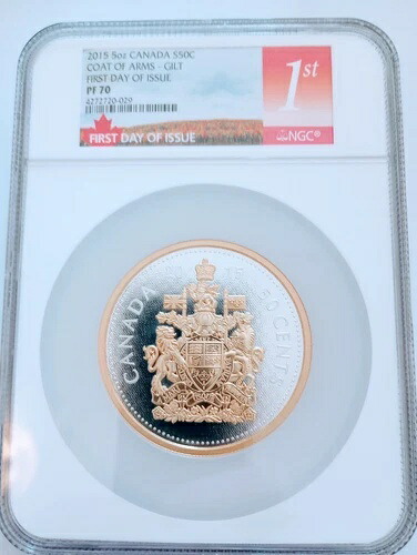 2015年 5オンス カナダ S50C 紋章 金箔 NGC PF70 FDOI 人口 (29)