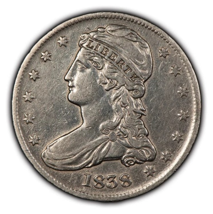 1838年 50セント キャップドバスト シルバー ハーフドル - 若干光沢あり - AU - SKU-H2636