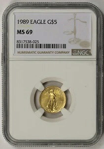 1989 年 ゴールド イーグル 5 ドル 10 分の 1 オンス MS 69 NGC 1/10 オンス