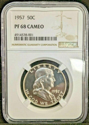 美しいホワイト 1957 年製 カメオ プルーフ フランクリン ハーフ - NGC PR68、PF68、PR68CAM