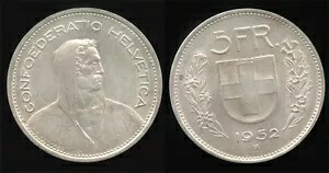 スイス 1952 5 FR、良好 BU 希少キー日付 鮮明なディテール、光沢、最低発行枚数