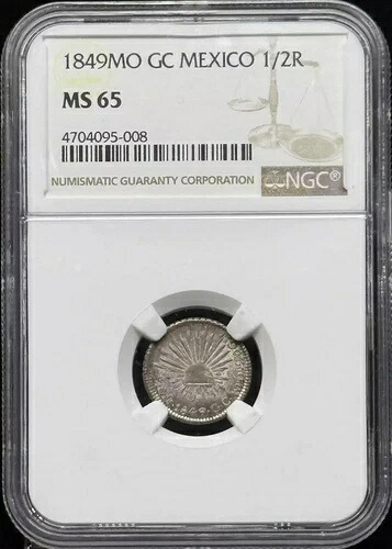 1849年 メキシコ シルバー 1/2 リアル NGC MS-65 MO GC