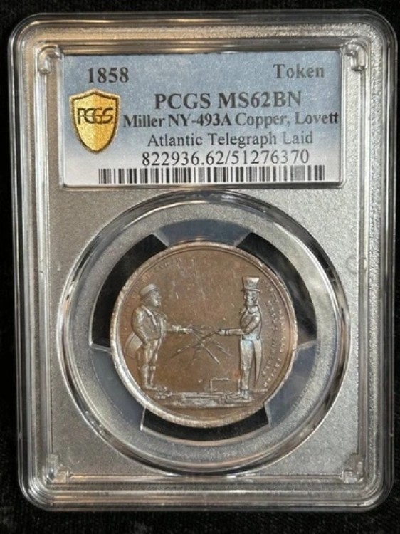 1858年 アトランティック・テレグラフ・レイド・ミラー NY-493A 銅貨 ラヴェット - PCGS MS62BN