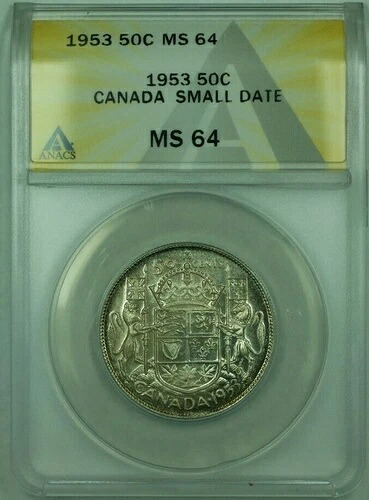 1953年 スモールデイト カナダ 50セント 50セント銀貨 ANACS MS-64 プルーフライク