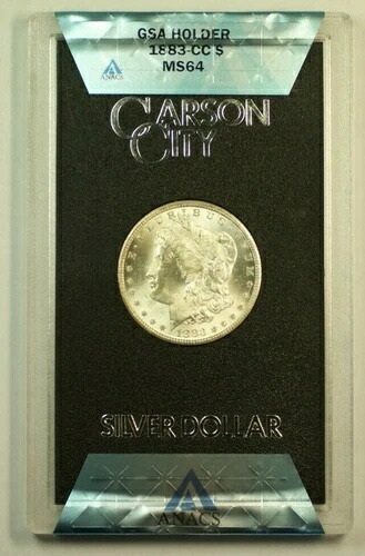 1883-CC GSA モーガン シルバー ダラー 1 ドル コイン ANACS MS-64 箱と COA 付き (L)