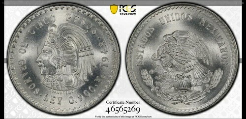 :1948-Mo 5ペソ メキシコ クアウテモック 極上 ブラストホワイト PCGS MS67 希少 R6 66/6