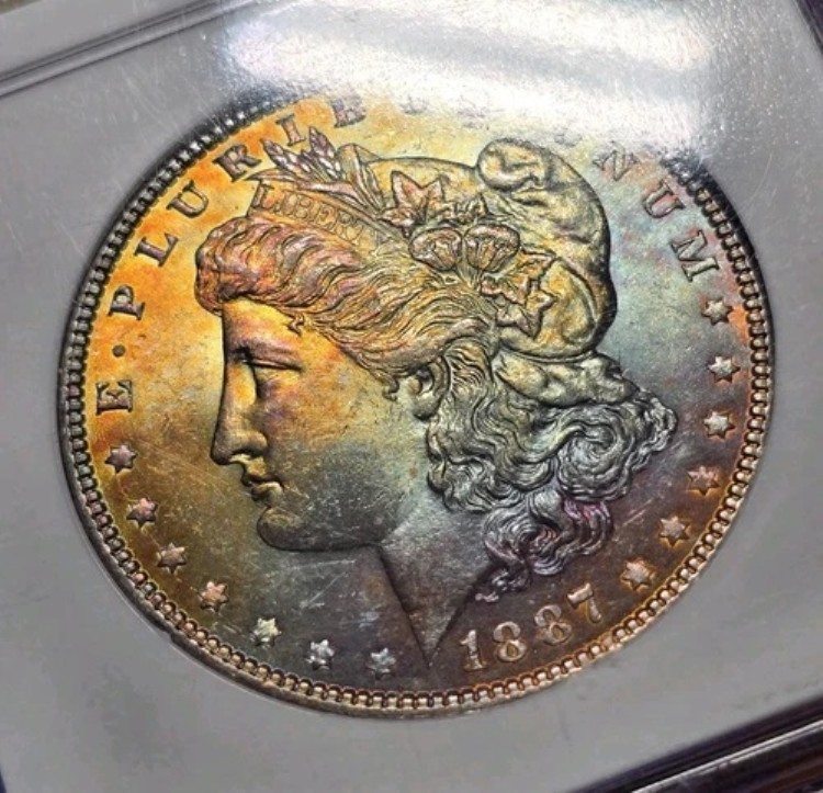 1887年 P モルガン・ダラー NGC MS64 レインボートーン モンスターブライトカラー オールドホルダー