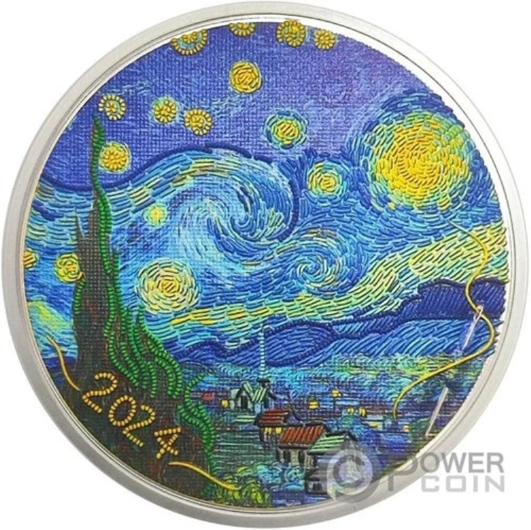 星月夜 ヴァン・ゴッホ 高級刺繍アート 3オンス 銀貨 20ドル パラオ 2024年