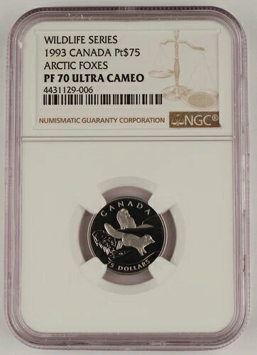 カナダ 1993年 75ドル 1/4オンス プラチナ プルーフコイン NGC PF70 UC 野生動物 - ホッキョクギツネ