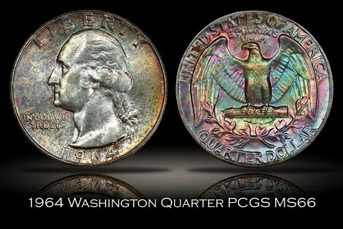 1964年ワシントンクォーター、PCGS MS66、素晴らしいレインボートーン、TrueView写真付き
