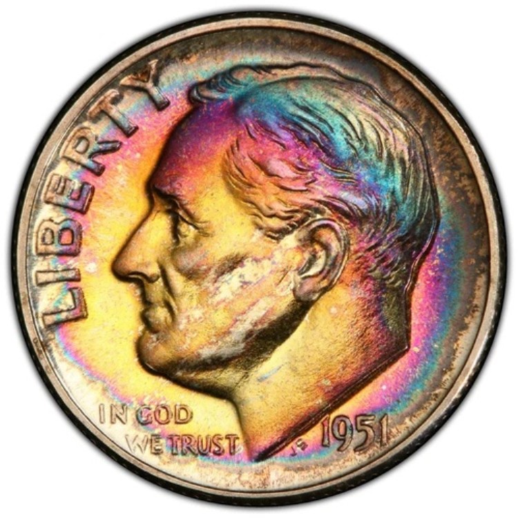 1951年 10セント ??PCGS PR-67+ レインボートーン 素晴らしい宝石 ++
