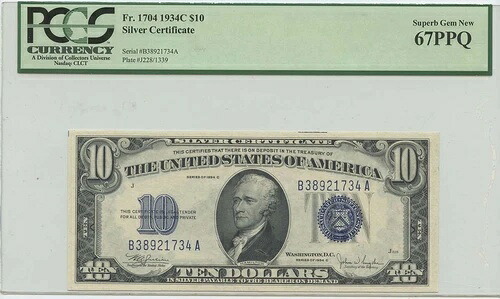 1934年C 10ドル銀貨証明書 FR#1704 PCGS 67PPQ 極上宝石 未使用