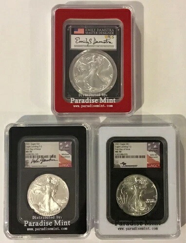 2021 $1 シルバー イーグル T-2 NGC MS70 FDOI 3 コイン セット 手書きのサイン入り、M.G.、E.D.、J.M.