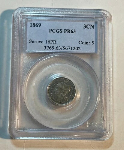 アメリカ - 1869年 ニッケル 3セント硬貨 (PCGS プルーフ 63)