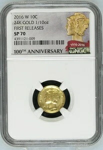 2016-W 10C 24K ゴールド 1/10オンス NGC SP-70 初リリース