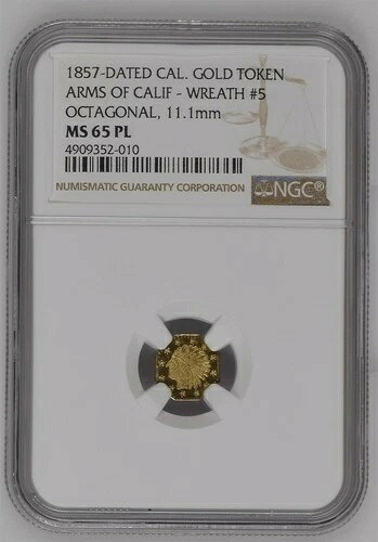 カメオPL - 1857年カリフォルニアゴールド1/2、リース#5 / NGC MS65PL回転（NGC GOOF）