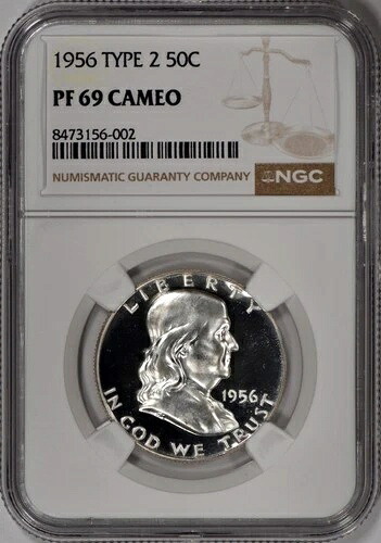 1956 年タイプ 2 プルーフ フランクリン ハーフ ドル 50 セント NGC PF69 カメオ (PR69) - 汚れなし!