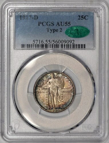 1917-D タイプ 2 スタンディング リバティ クォーター 25 セント PCGS AU55 CAC - 素晴らしい色/色調!