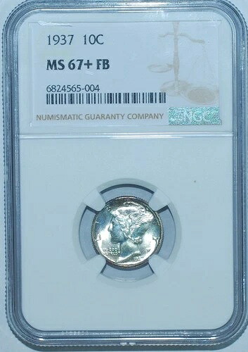 1937年 P NGC MS67+FB フルバンド マーキュリーダイム