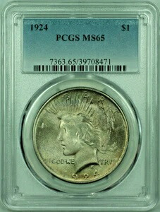 1924年 ピースシルバードル 1ドルコイン PCGS MS-65 トーン (29) D