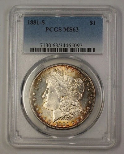 1881-S 米国モルガン銀貨 1ドル硬貨 PCGS MS-63 美しい色調 (17a)