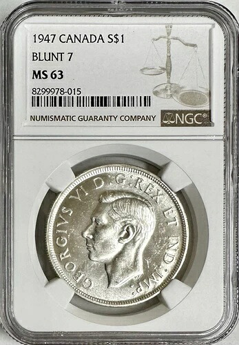 1947年 カナダ 1ドル銀貨 ジョージ6世 NGC MS63 ブラント7 発行枚数 65,595枚