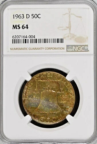 1963-D 米国フランクリンシルバーハーフドル NGC MS64 トナートーニング KM#199 50セント BU