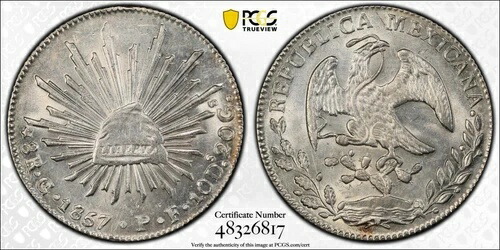 メキシコ グアナファト 1857年-GoPF 8レアル 未流通コイン、PCGS認定 MS62