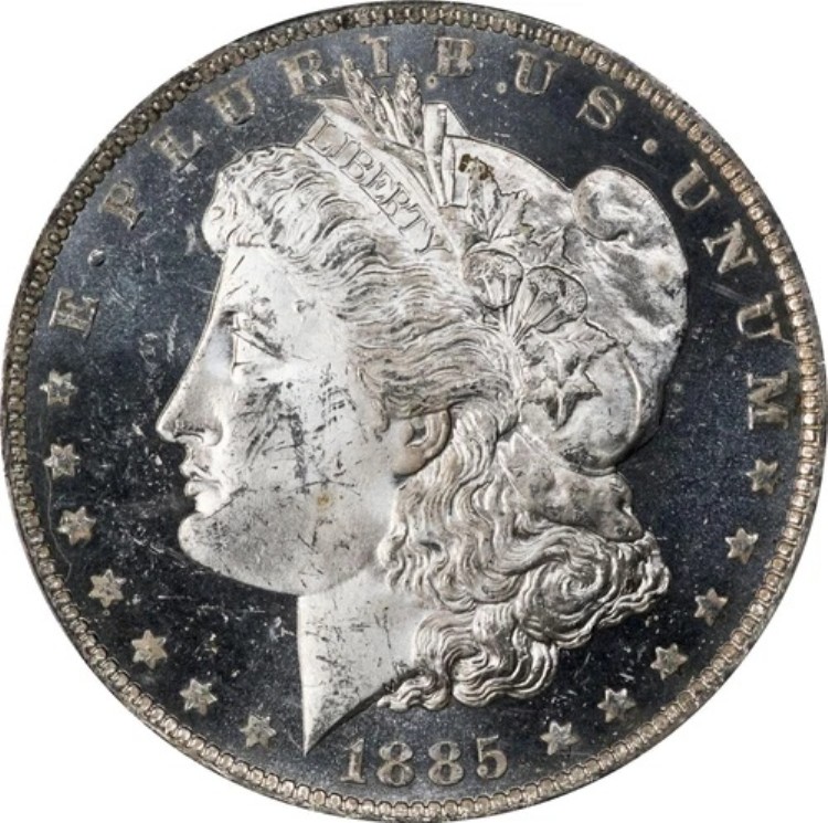 モルガン・ダラー 1885-O PCGS MS-64 ディープミラー プルーフ風！ゴールドシールド！